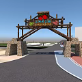 Garden Landscape Entrance Featuring Wooden Archway Stone Pillars And Colorful Decorations