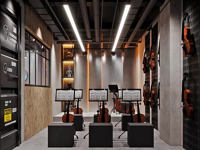 Industrial Style Music Room With Violins Music Stands And Stools 3d model