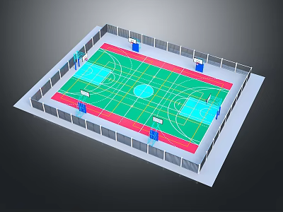Well Designed Basketball Gymnasium Interior With Green Court Red Area And Basketball Hoops 3d model