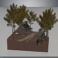 Rustic Cabin In Natural Setting With Tall Trees Parked Car And Red Earth Ground