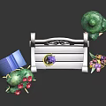 Garden Decor With Blue Birdhouse White Bench Purple Hyacinth Green Tree And Pink Watering Can