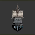 Ancient Sailing Ship With Multiple Masts Intricate Crystal Design Illuminated Sails And Reflective Water Base