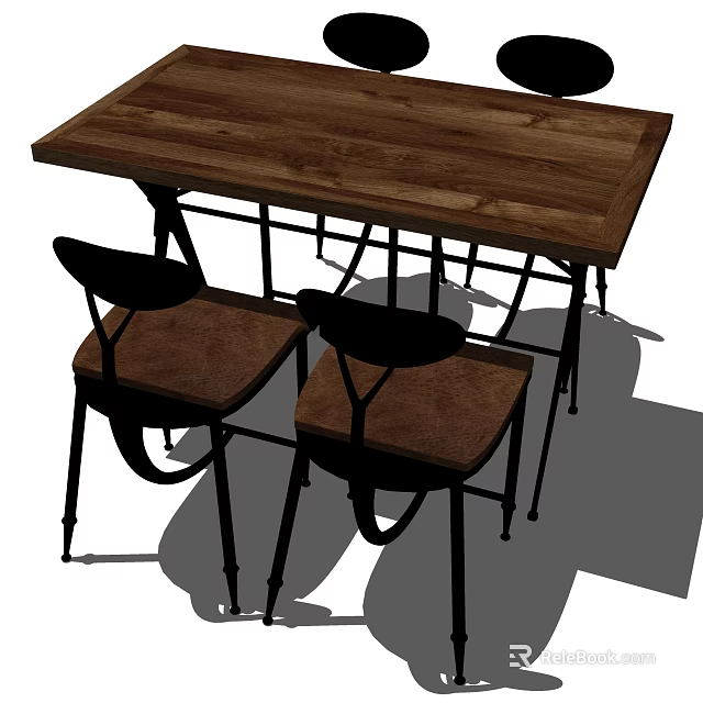 Stylish Wooden Dining Table Set With Black Metal Frame And Brown Seat Cushions 3d model 