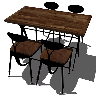 Stylish Wooden Dining Table Set With Black Metal Frame And Brown Seat Cushions 3d model