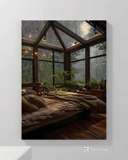 Rainy Night Landscape Through Glass Windows With Green Plants 3d model 