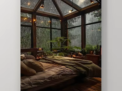 Rainy Night Landscape Through Glass Windows With Green Plants 3d model
