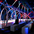 Tobacco and Liquor Store Interior With Arched Structures Colorful Lighting and Customers