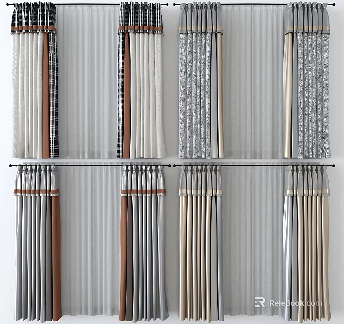 Various Curtain Designs with Striped Pattern Solid Color Textured Fabrics for Modern Home Window Decor 3d model 