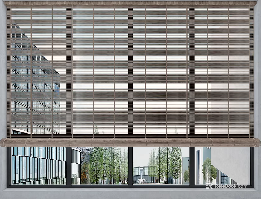 Vertical Beige Venetian Blinds for Modern Building Window with Exterior Trees View 3d model 