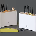 Modern Kitchen Knife Block Set With Black Handle Knives Orange Green Rings Yellow Cutting Board