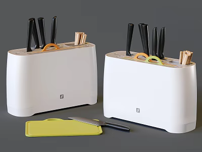 Modern Kitchen Knife Block Set With Black Handle Knives Orange Green Rings Yellow Cutting Board 3d model
