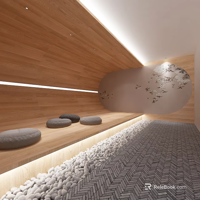 Spa Sauna Space With Wooden Paneling Stone Seats And Decorative Wall 3d model 