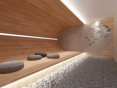Spa Sauna Space With Wooden Paneling Stone Seats And Decorative Wall 3d model