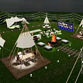 Scenic Glamping Campground With Tipi Tents String Lights Stone Path And Sunset Sky