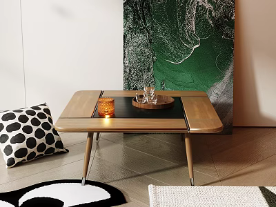 Stylish Coffee Table with Wooden Frame Black Tabletop Polka Dot Pillow Green Abstract Painting Candle 3d model