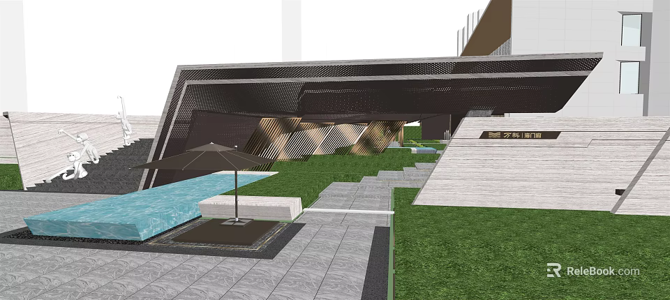 Modern Entrance Gate Design With Lawn Water Pool Umbrella And Steps 3d model 