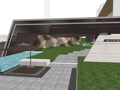 Modern Entrance Gate Design With Lawn Water Pool Umbrella And Steps 3d model