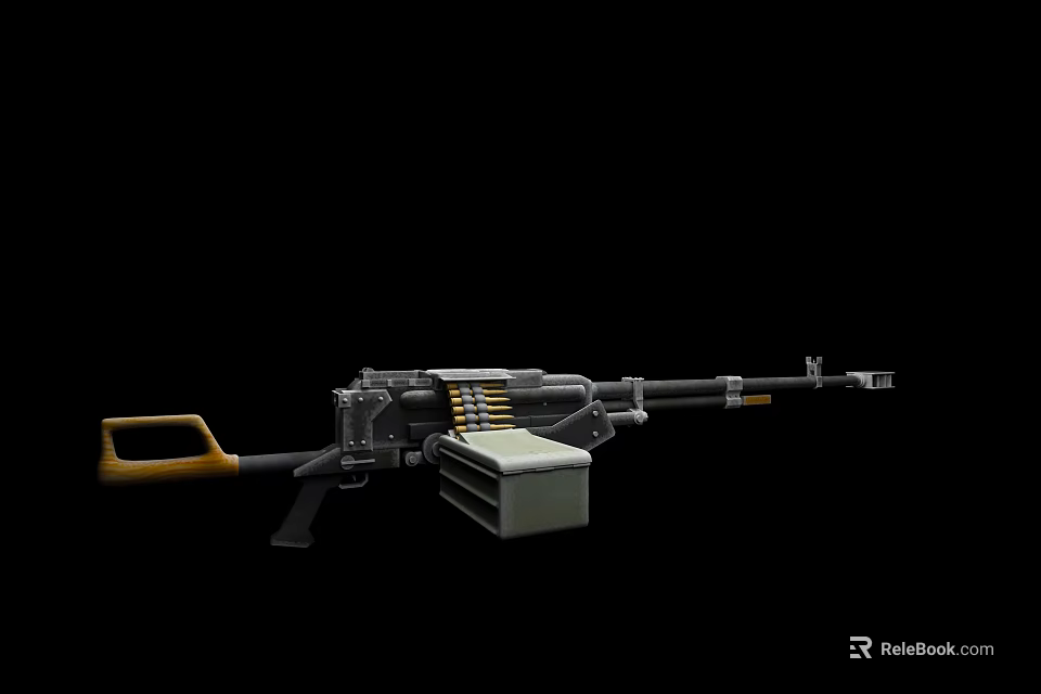 Tactical Military Heavy Machine Gun With Wooden Grip Ammunition Belt And Metal Structure 3d model 