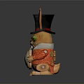 Mechanical Rabbit Figure With Black Top Hat Green Eyes Red Outfit Holding Clock