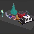 Green Christmas Tree Plant with Girl Packages Police Car and Mailbox