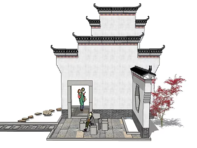 Traditional Chinese Building Exterior Wall With Classic Eaves White Surface And Red Leaf Tree 3d model