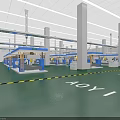 Industrial Workshop Interior With White Pillars Green Flooring Blue Workbenches And Long Strip Lights