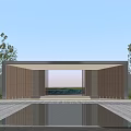 Modern Entrance Gate With Minimalist Design Surrounding Trees Front Reflective Pool and Ambient Lighting