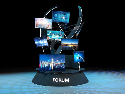 Forum Digital Display Stand With Multiple Screens Showing City Views And Content 3d model