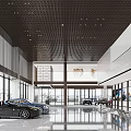 Modern Spacious Car Showroom With Glass Curtain Wall Black Sports Car Chandelier And Display Area