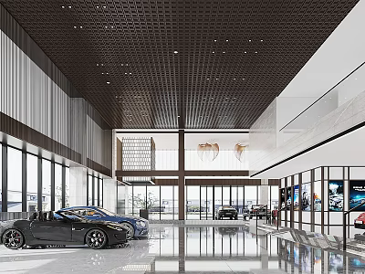 Modern Spacious Car Showroom With Glass Curtain Wall Black Sports Car Chandelier And Display Area 3d model