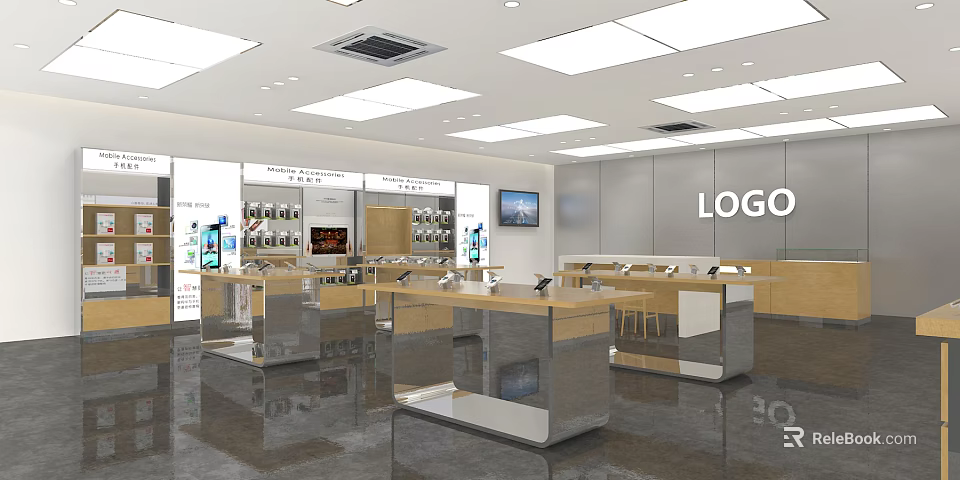 Modern Digital Store Interior With Display Counters Shelves TV Screen And Electronics 3d model 