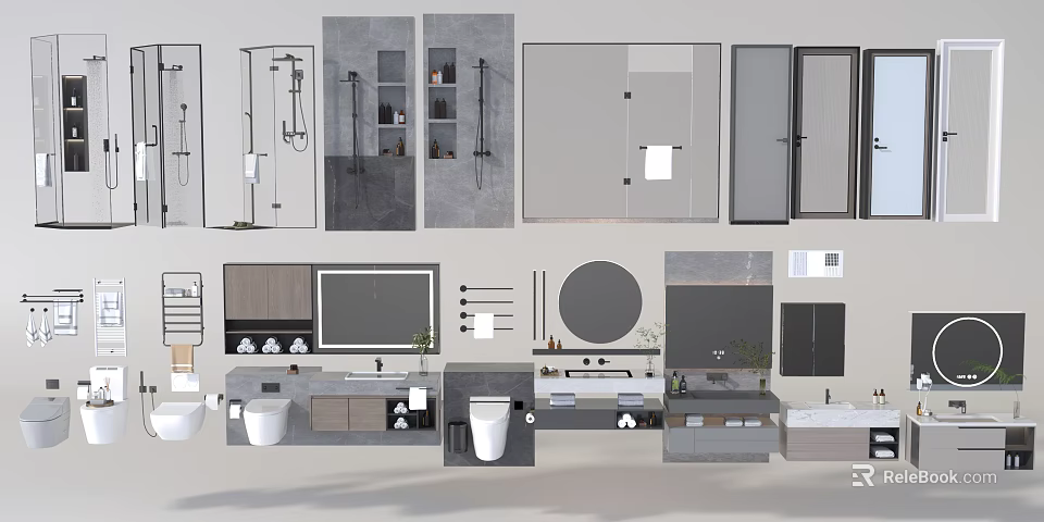 Modern Bathroom Interior Design With Shower Area Toilet Vanity Mirror And Storage Cabinets 3d model 