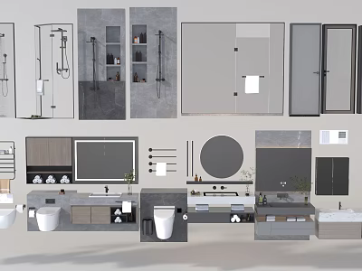 Modern Bathroom Interior Design With Shower Area Toilet Vanity Mirror And Storage Cabinets 3d model