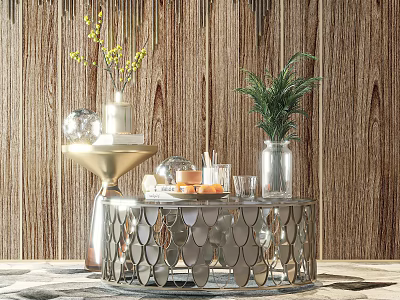 Silver Scalloped Coffee Table With Vase Yellow Flowers Green Plant And Wooden Wall 3d model