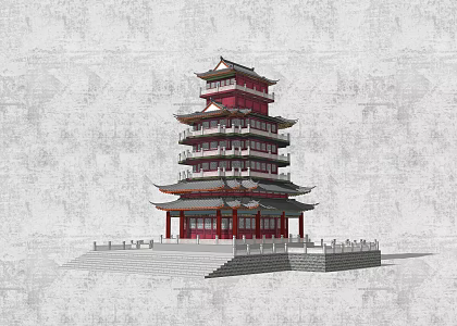 Chinese style tower building pavilion viewing tower 3d model