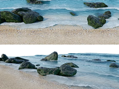Natural Rocks And Wooden Elements On Sandy Beach With Rolling Ocean Waves 3d model