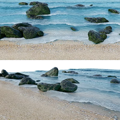 Natural Rocks And Wooden Elements On Sandy Beach With Rolling Ocean Waves 3d model