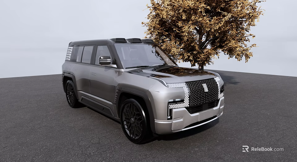 Silver Modern SUV with Bold Front Grille and Golden Leaf Tree Nearby 3d model 