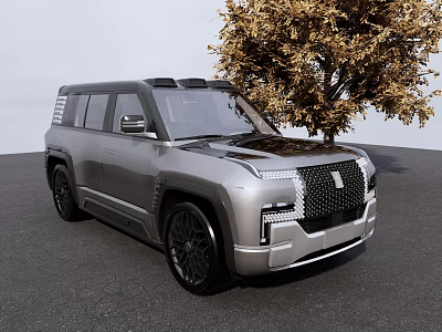Silver Modern SUV with Bold Front Grille and Golden Leaf Tree Nearby 3d model
