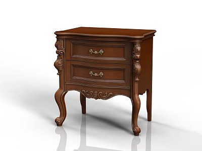 Classic Wooden Nightstand with Carved Ornate Legs Two Drawers and Golden Handles 3d model