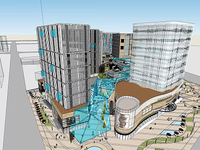 Modern Commercial Complex With Glass Facades Water Features Open Plaza And Pedestrian Walkways 3d model