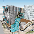 Modern Commercial Complex With Glass Facades Water Features Open Plaza And Pedestrian Walkways