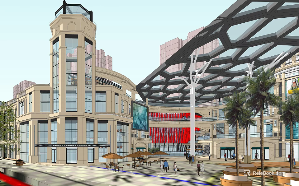 Modern Commercial Plaza With Glass Roof Palm Trees And Outdoor Seating Area 3d model 