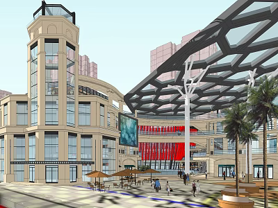 Modern Commercial Plaza With Glass Roof Palm Trees And Outdoor Seating Area 3d model