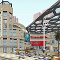 Modern Commercial Plaza With Glass Roof Palm Trees And Outdoor Seating Area