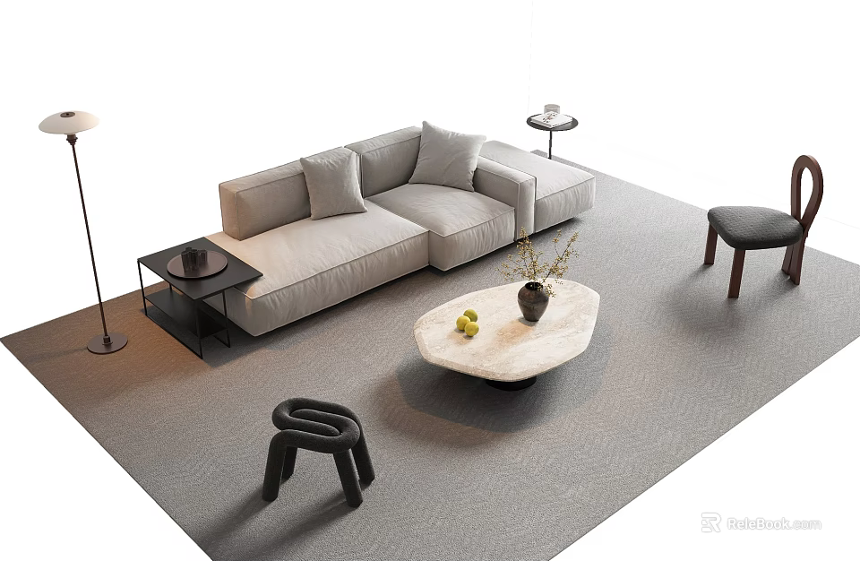 Modern Light Gray L Shaped Sofa With Round Marble Coffee Table And Black Side Table 3d model