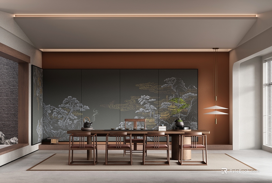 Traditional Tea Room Interior Design With Wooden Table Chairs Tea Sets And Landscape Painting 3d model 