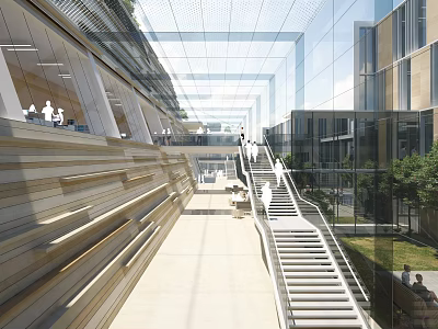 Modern School Building With Glass Facade Open Corridor Staircase And Greenery 3d model