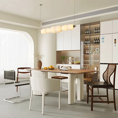 Modern Restaurant Interior With Dining Table Chairs Pendant Lights Bright Lighting And Open Design 3d model