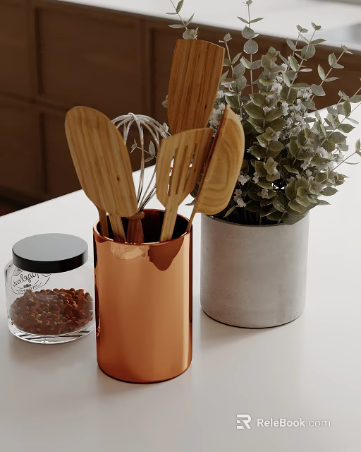Stylish Decorative Ornament Set With Wooden Spoons Whisk Copper Container Dried Flowers Gray Concrete Pot 3d model 